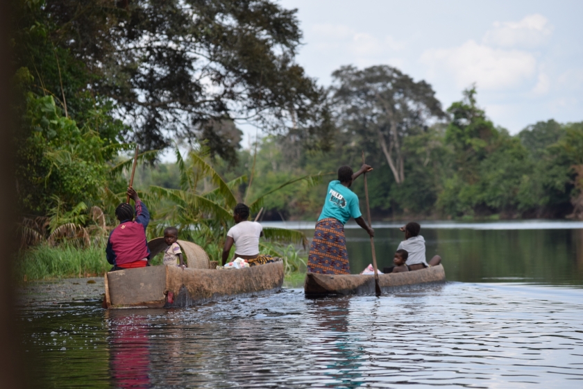 People rowing boats through peatlands.